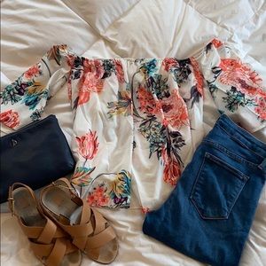 Off the shoulder white floral blouse